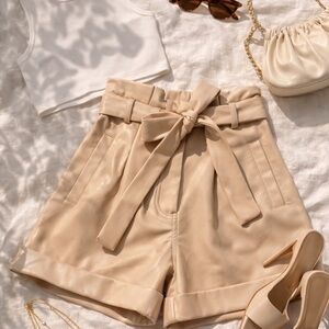Bardot Faux Leather Paperbag Shorts Beige Tie Waist High Rise XS